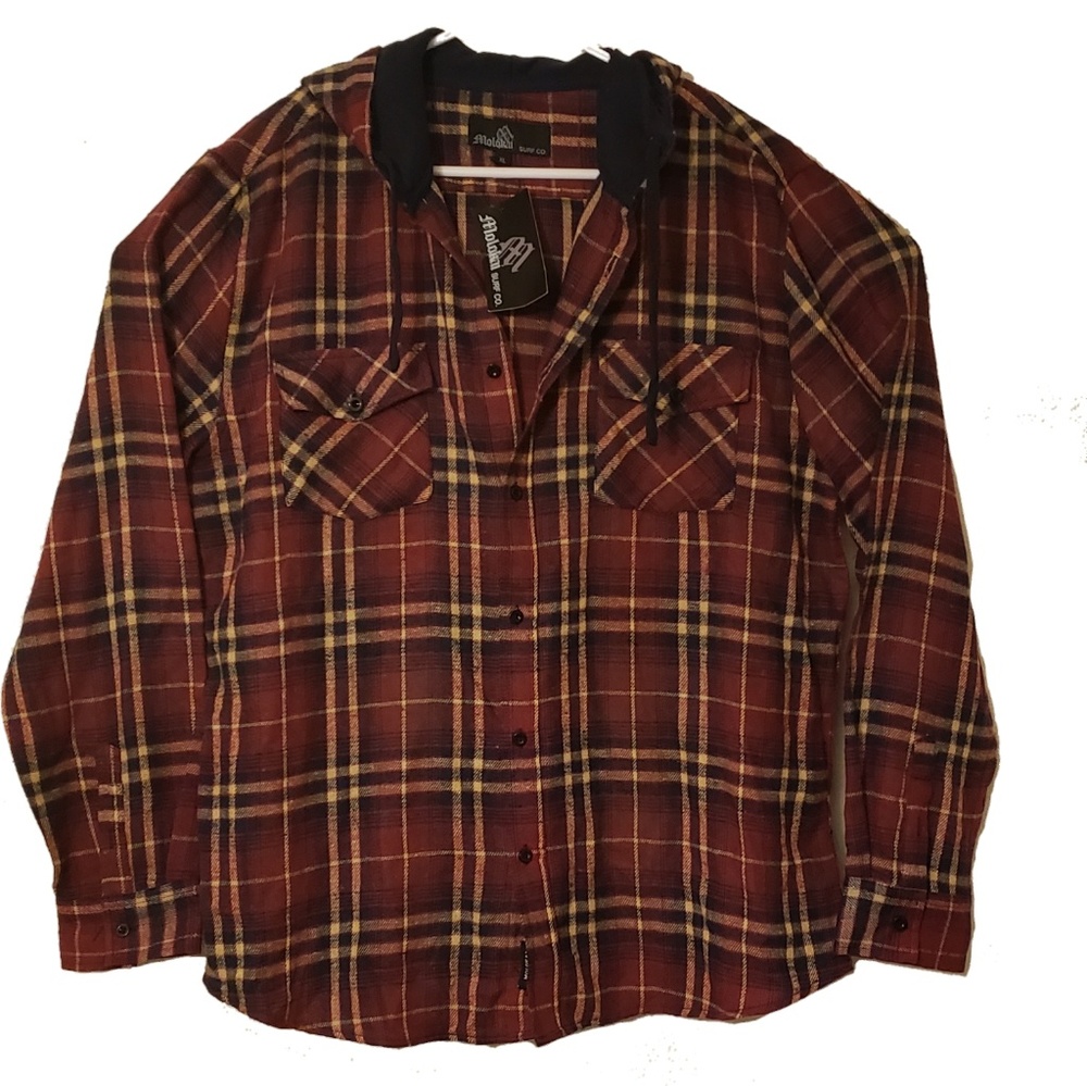 Molokai Surf Button Up Plaid Flannel Hooded Hoodie
